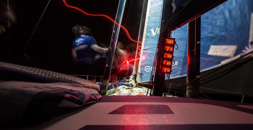 October 11, 2014.  Night approaches on the first evening at sea on the Volvo Ocean Race.  Leg 1. © Brian Carlin - Team Vestas Wind